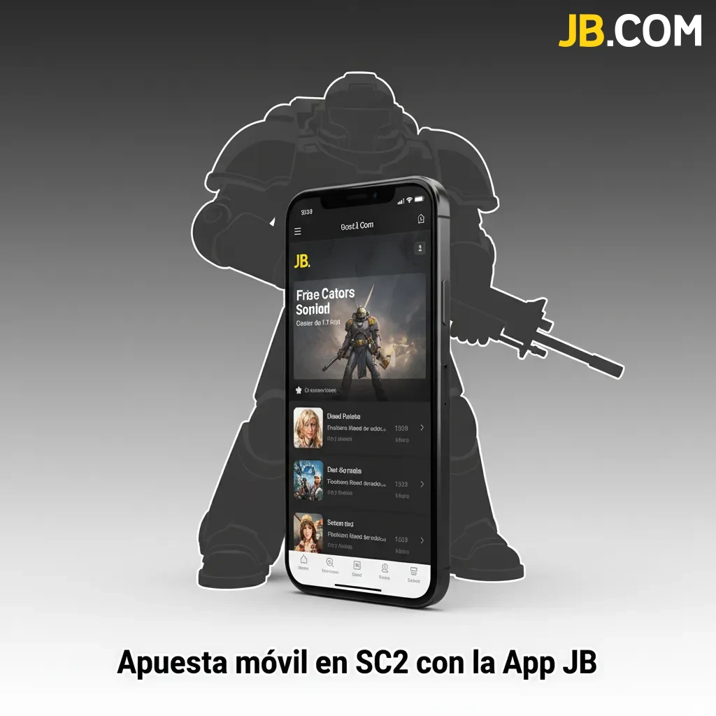 Teléfono con la app JB de apuestas en StarCraft II, mercados en vivo, filtros por torneo/jugador y botón Confirmar cupón.