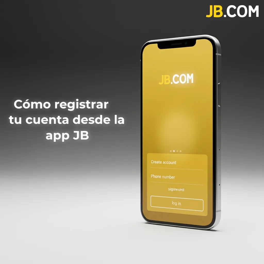 Pantalla de la app JB con guía de registro: email o móvil, contraseña, verificación SMS/correo y selección de CLP.