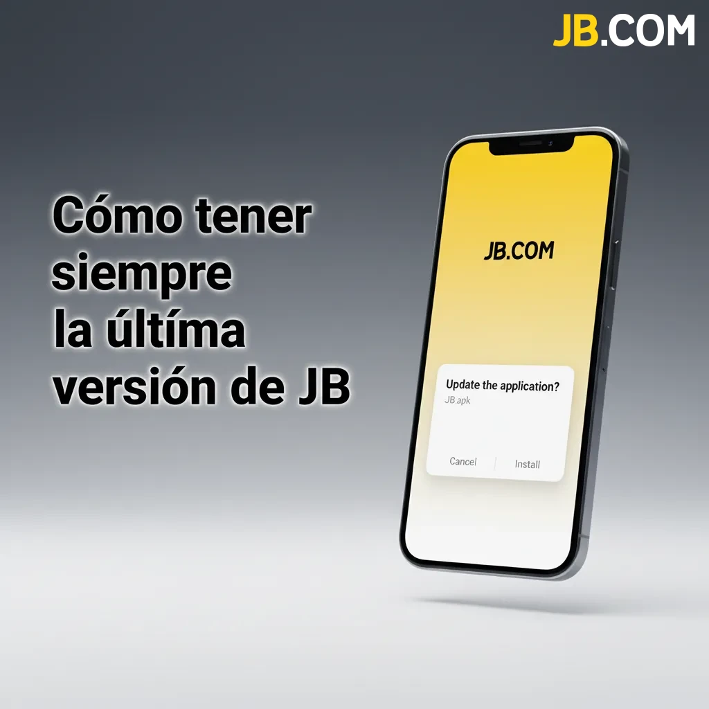 Teléfono con la app JB y un icono de actualización automática, indicando nuevas funciones, seguridad y mejor rendimiento.