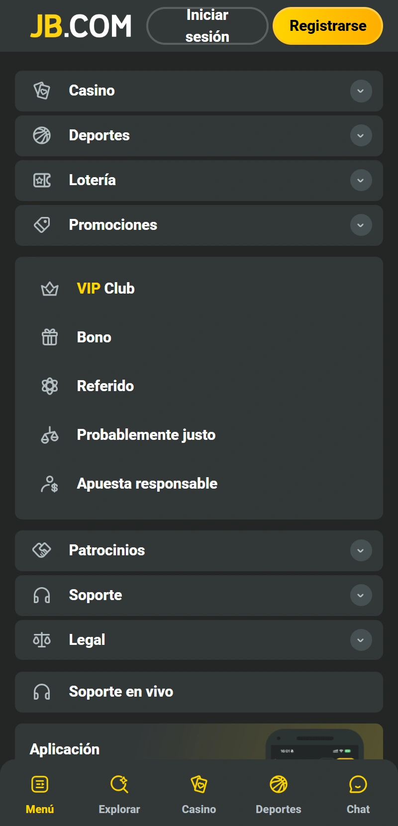 Abre la App de JB Casino para comenzar a actualizar la versión de Android.