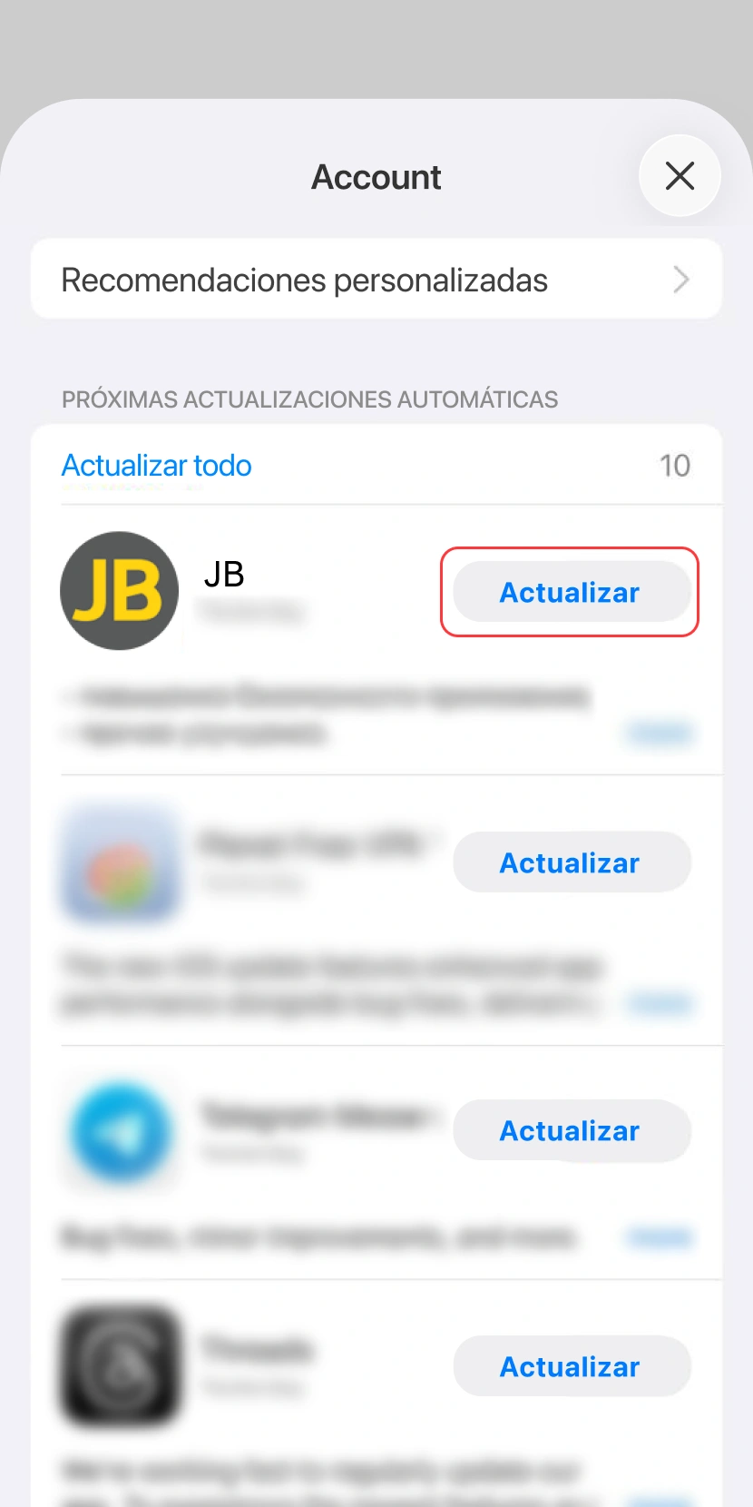 Toca Actualizar junto a la App JB Casino en iOS para descargar la versión.