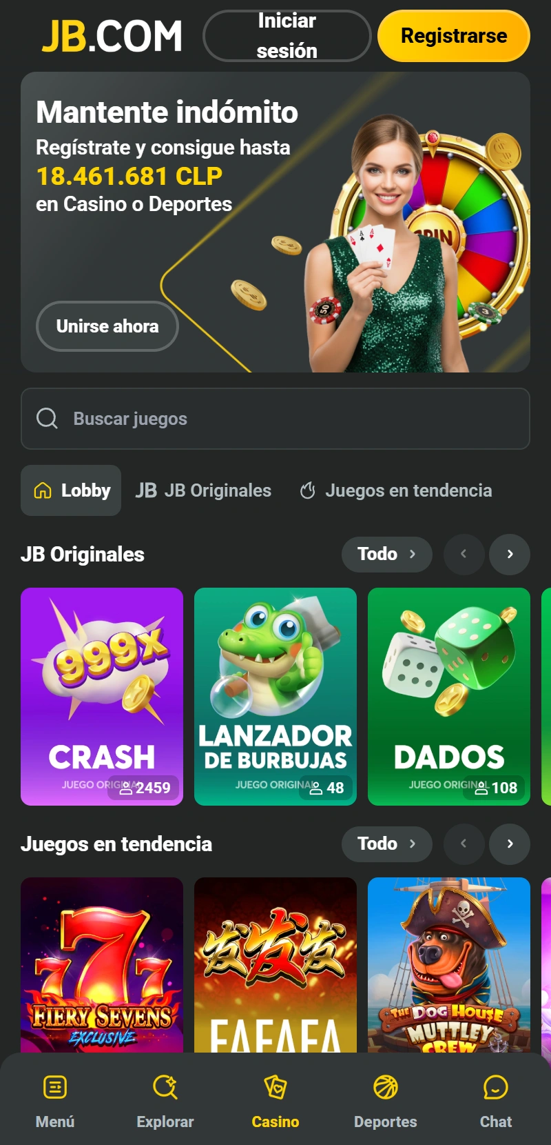 Inicia sesión en la App de JB Casino Android después de la exitosa actualización.