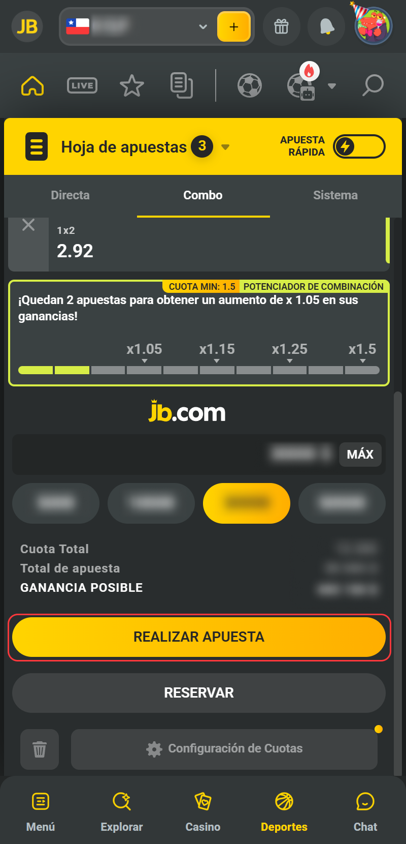 Revisa tu apuesta y confírmala en la App de JB Casino de Chile.