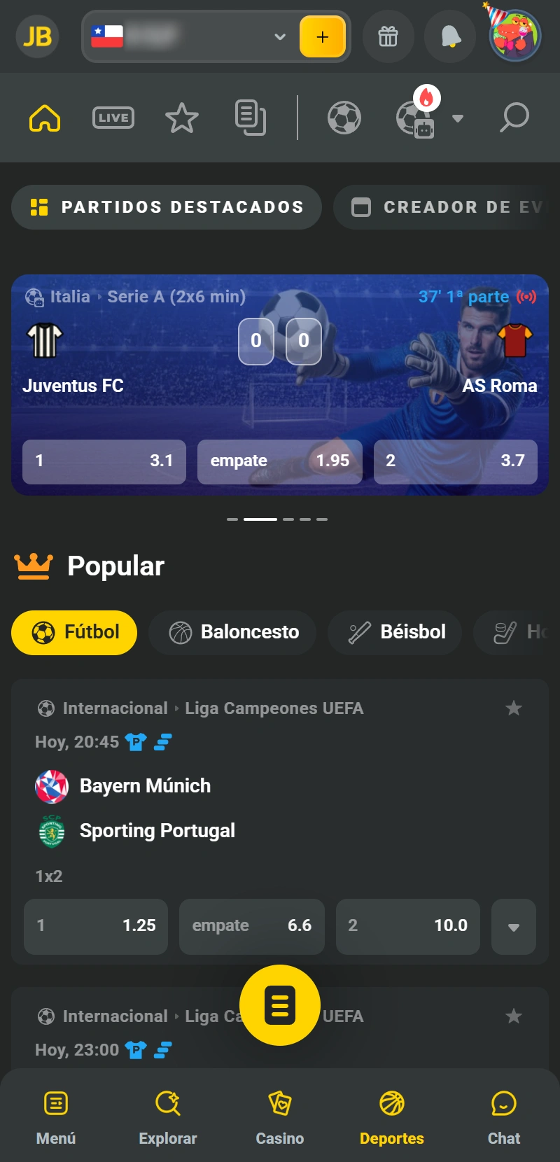 Entra a Deportes y elige torneo para comenzar a apostar con la App.