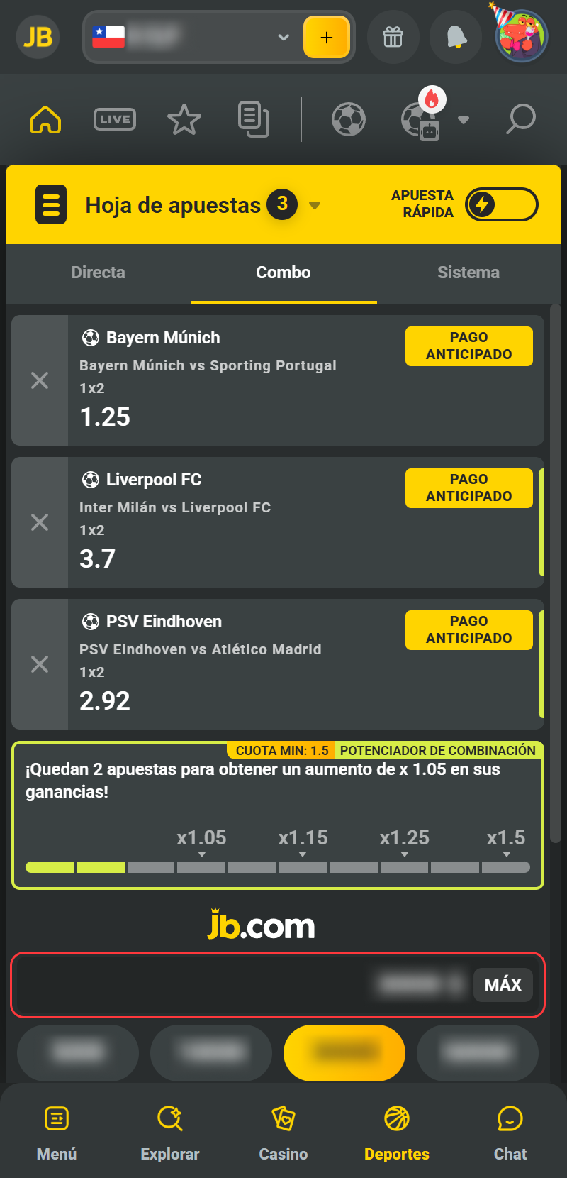 Indica el monto que quieres apostar en el cupón de la App JB Casino.