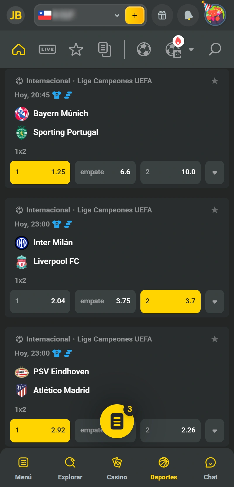 Selecciona el mercado y la cuota para tu apuesta en la App JB Casino.