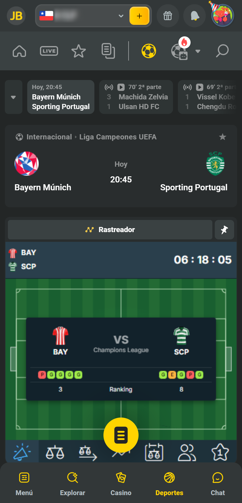 Sigue el evento en vivo o estadísticas de tu apuesta en la App JB Casino.
