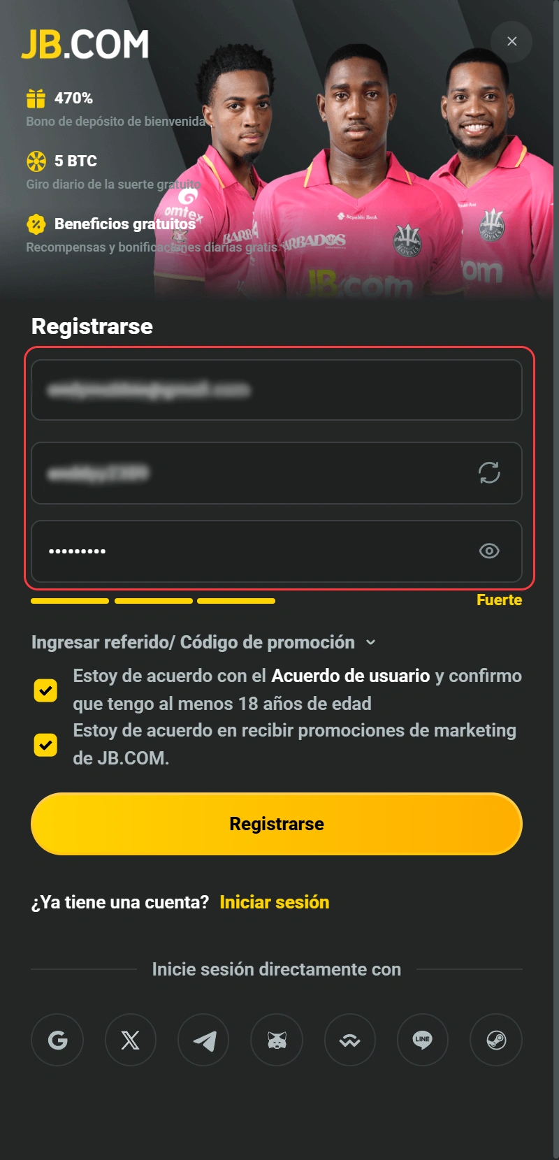 Completa tus datos personales para finalizar el registro en la App de JB Casino.