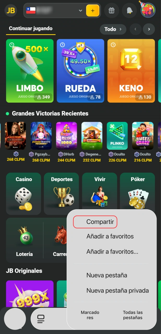 Toca el botón compartir para configurar la JB PWA de iOS.