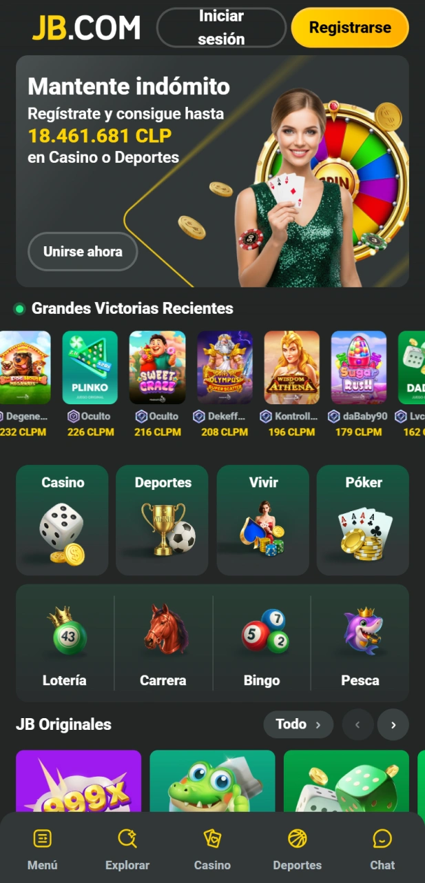 Explora la interfaz principal de la App de JB Casino en iOS para empezar a jugar.