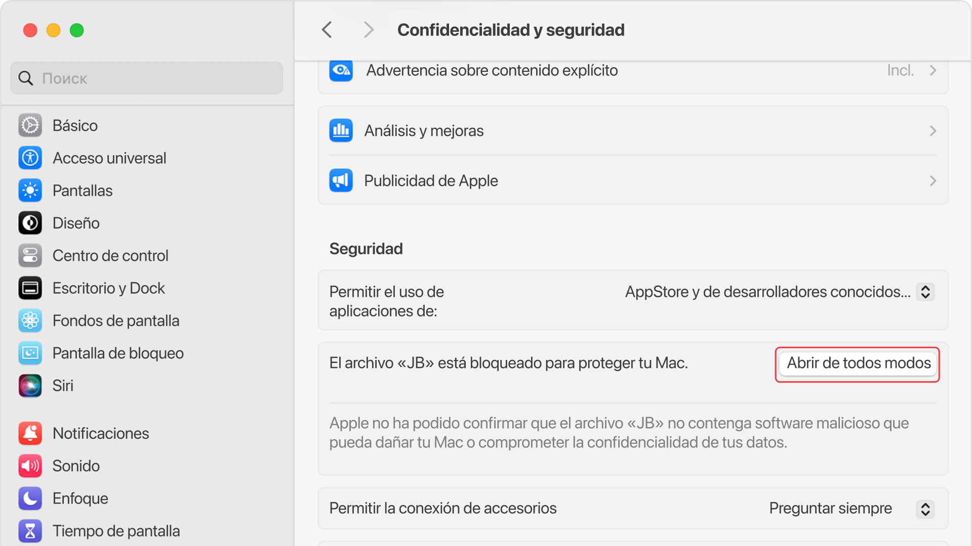 Autoriza la apertura de la app JB Mac en tu PC.