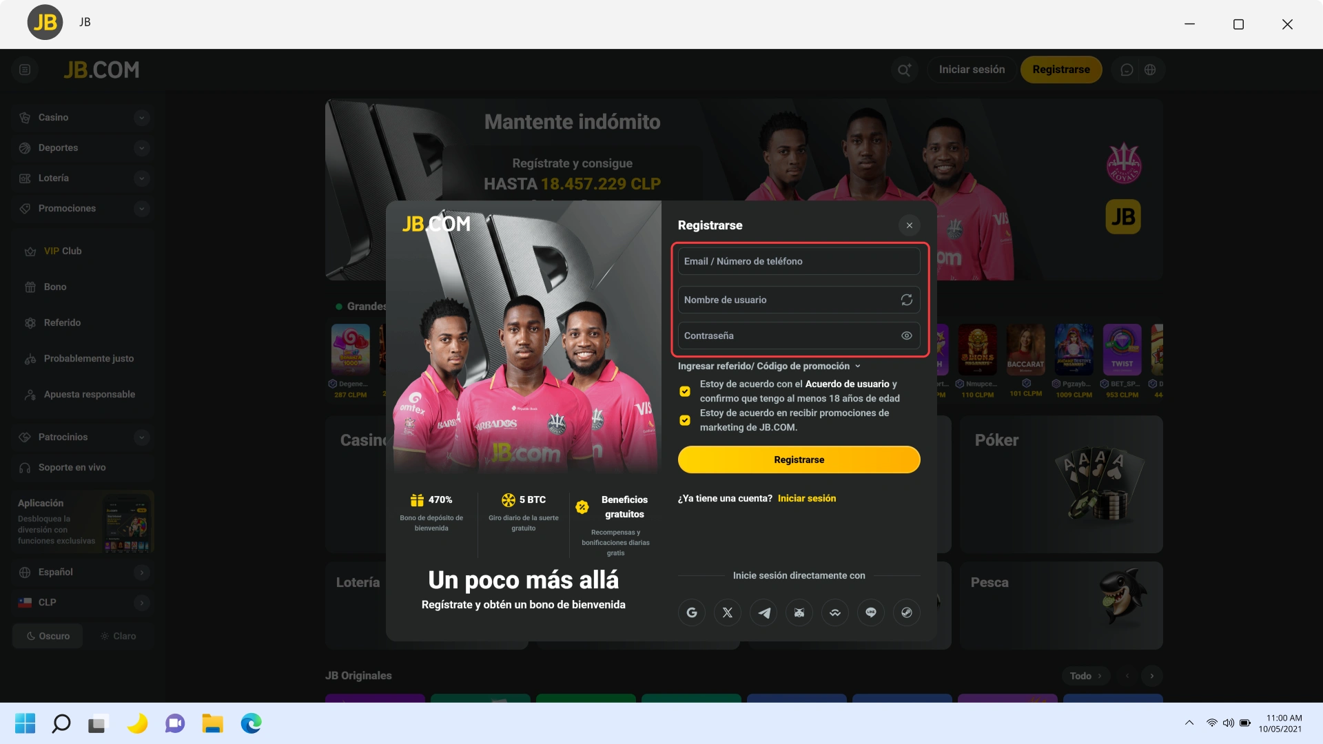 Completa tu información personal para el Registro en JB para PC.