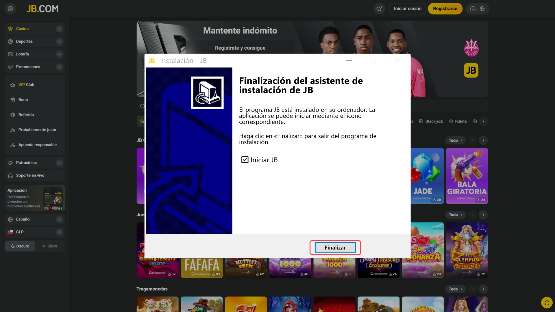 Completa la instalación de JB Windows en tu PC para jugar.