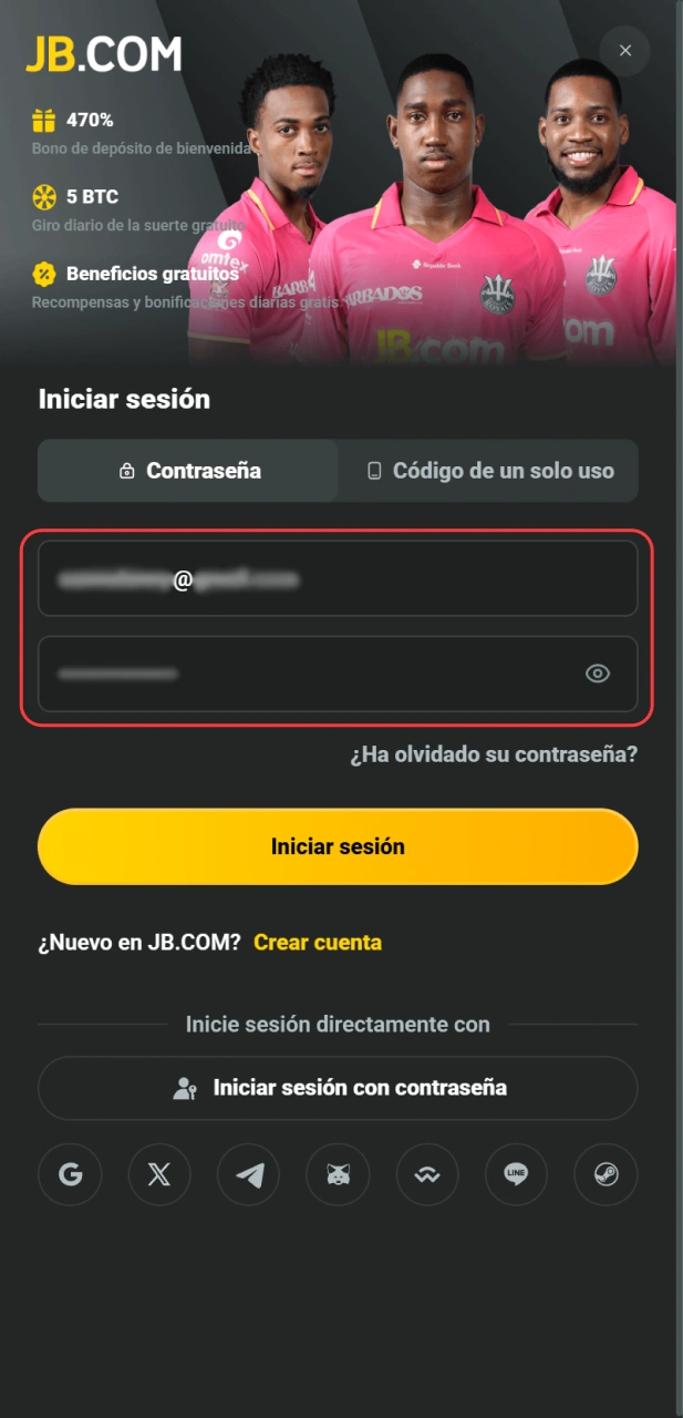 Completa el login para entrar en tu cuenta JB página principal.