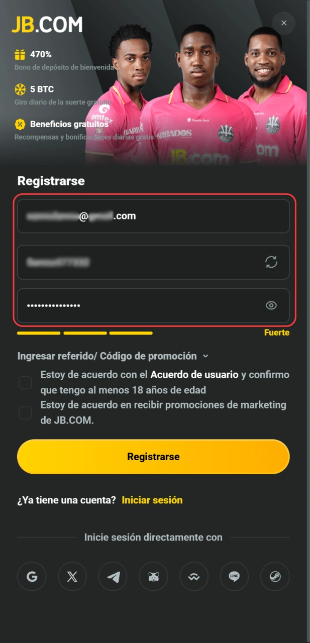 Completa tus datos para empezar a apostar en JB página principal.