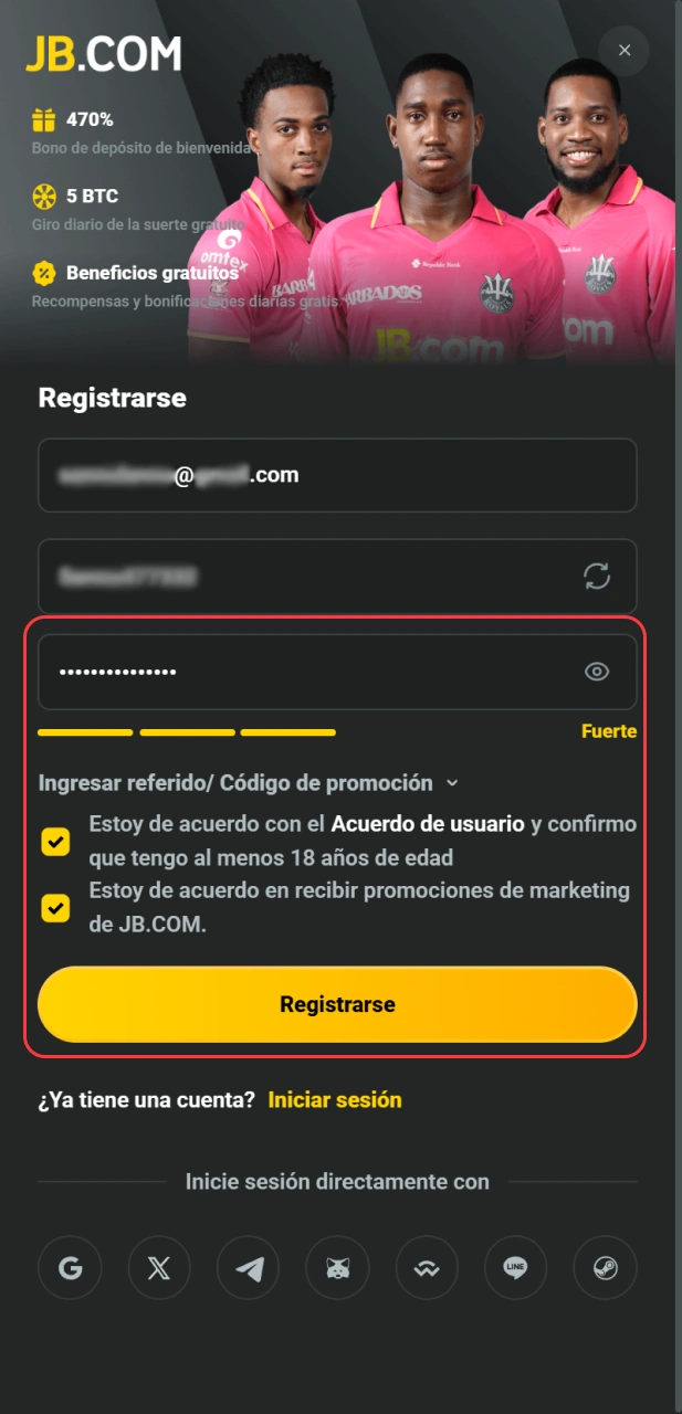 Establece una clave segura y acepta las normas para oficializar tu Cuenta en JB Casino.